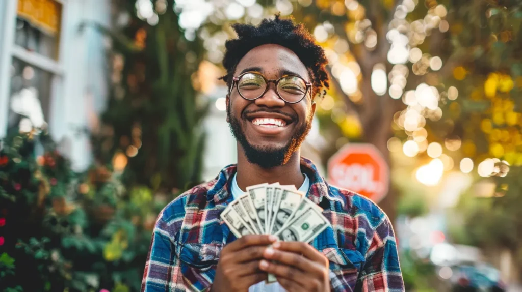 A smiling homeowner holding a stack of cash in front of a 'Sold' sign, with a caption highlighting key benefits like 'No Repairs,' 'Fast Closing,' and 'No Realtor Fees' floating around them.