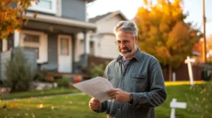 A happy homeowner in Arvada, Colorado, reviewing a fair cash offer document while standing in front of their house, with a ‘Sold Fast for Cash’ sign in the yard.